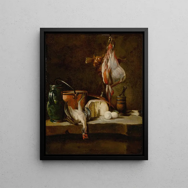 Jean Simon Chardin - Still Life with a rayfish a basket of onions eggs cheese a green jug and a copper pot.webp