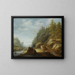 Joachim Govertsz Camphuysen - A Rocky Mountain Landscape With A Stronghold On A Hill Top Shepherds With Their Flock Beyond.webp