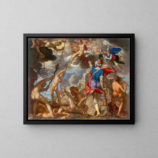 Die Schlacht zwischen den Göttern und den Riesen - Joachim Wtewael — gerahmtes Bild an der Wand