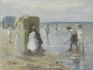 Johan Antonie de Jonge - Gezicht langs de vloedlijn aan het Scheveningse strand met twee dames en kinderen.webp