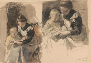 Johan Antonie de Jonge - Twee studies van een dienstmeid die een jongetje aan haar schoot leert lezen.webp