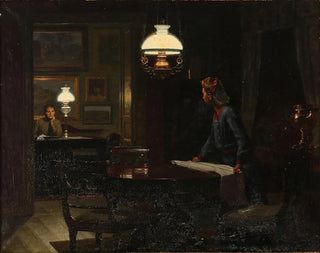Innenraum mit zwei Frauen bei der Petroleumlampe - Johan Christopher Schlichtkrull — Ansicht des Kunstwerks