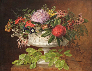 Johan Laurentz Jensen - Flowers in a centrepiece on a marble windowsill with a beech branch.webp
