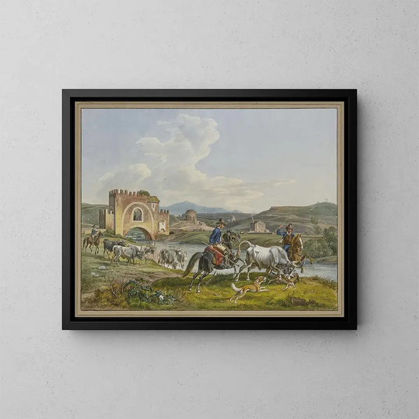 Des römischen Feldhasen zu Pferd fangen einen Stier mit Hunden - Johann Adam Klein — gerahmtes Bild an der Wand