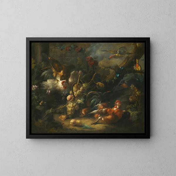 Naturstillleben mit Hühnern, angegriffen von einem Falken - Johann Baptist Drechsler — gerahmtes Bild an der Wand