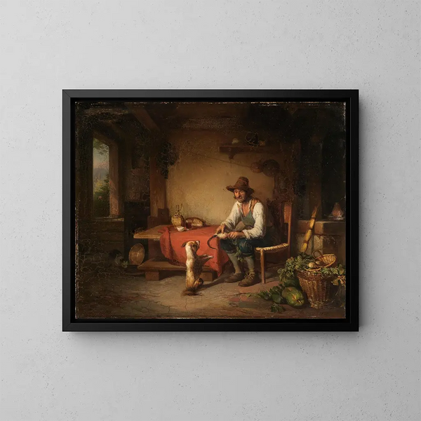 Italienische Bauern, die mit einem Hund spielen - Johann Baptist Kirner — gerahmtes Bild an der Wand