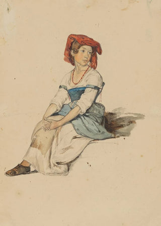 Johann Baptist Kirner - Italienisches Mdchen mit roter Kopfbedeckung die Hnde ber den Knien gefaltet.webp