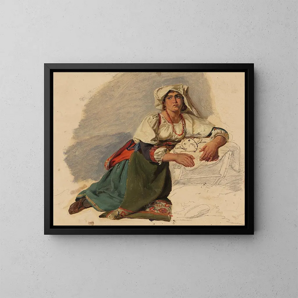 Frau italienisch kniend, sich über ein Kind beugend - Johann Baptist Kirner — gerahmtes Bild an der Wand