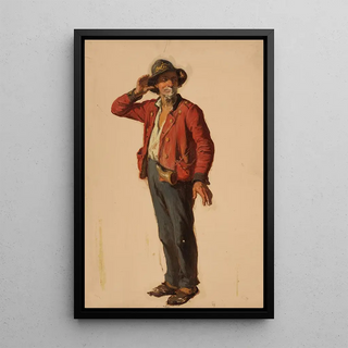 Johann Baptist Kirner - Nach rechts stehender Mann mit Hut und roter Jacke.webp