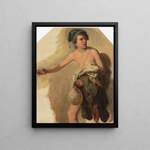 Junge nackt mit Kleidung auf seinem Arm an der Innenseite links - Johann Baptist Kirner — gerahmtes Bild an der Wand