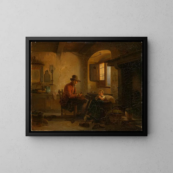 Cordonner mit einem Kind in seinem Atelier - Johann Baptist Kirner — gerahmtes Bild an der Wand