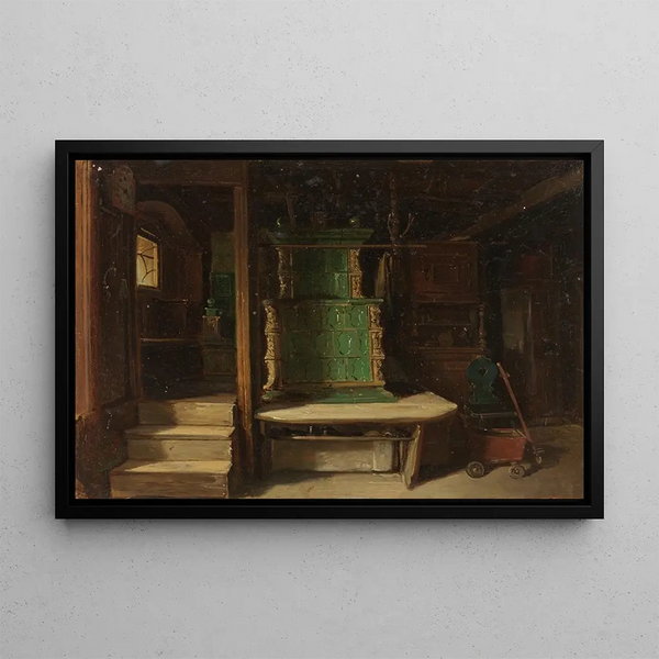 Innenansicht des Schwarzwaldhofs mit grünem Fayenceofen - Johann Baptist Kirner — gerahmtes Bild an der Wand