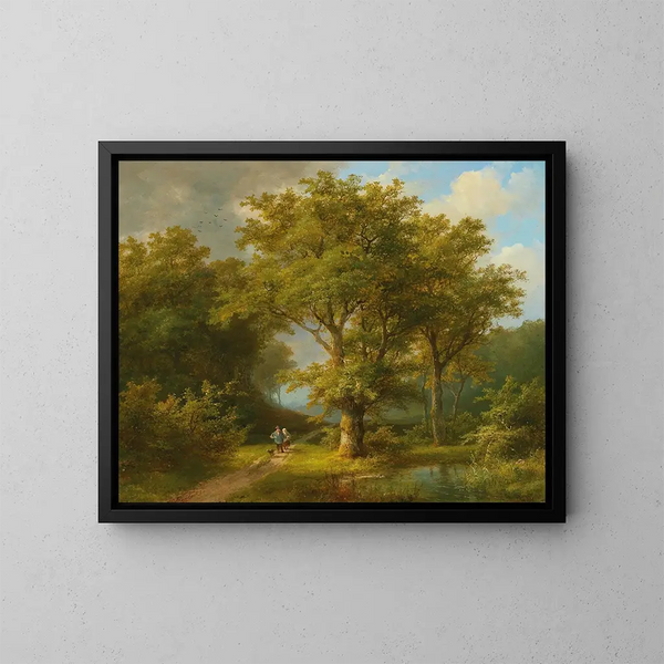 Landschaft mit Bäumen und einem Bauernpaar, das nach Hause zurückkehrt - Johann Bernhard Klombeck — gerahmtes Bild an der Wand