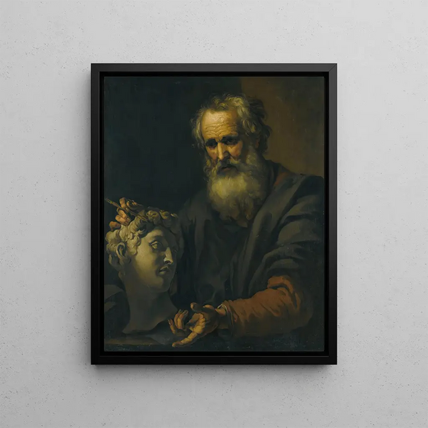 Ein Philosoph vertieft in seine Gedanken, der eine geschnitzte Kopf hält - Johann Carl Loth — gerahmtes Bild an der Wand