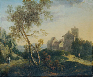 Johann Christian Brand - Ideale Landschaft mit Bumen und befestigtem Dorf Der Abend.webp
