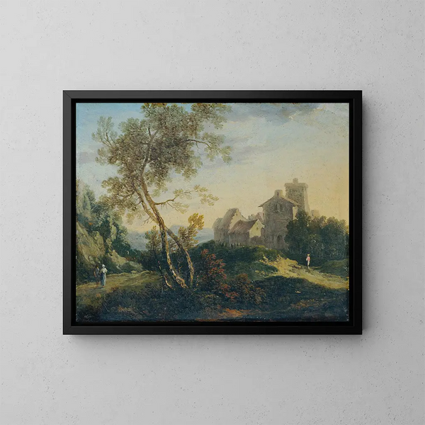Ideale Landschaft mit Bäumen und einer befestigten Siedlung bei Sonnenuntergang - Johann Christian Brand — gerahmtes Bild an der Wand