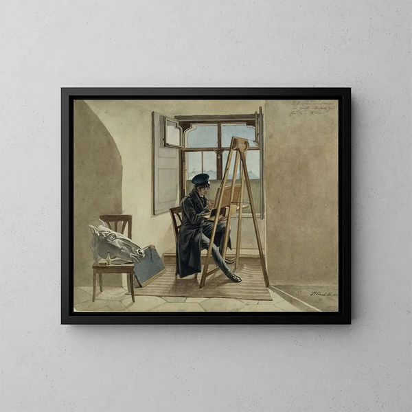 Der Maler Johann Adam Klein an seinem Staffelei in seinem Atelier im Palais Chotek in Wien - Johann Christoph Erhard — gerahmtes Bild an der Wand