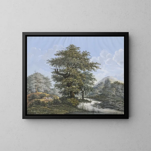 Landschaft mit Bäumen mit einer Eiche am Flussufer - Johann David Passavant — gerahmtes Bild an der Wand