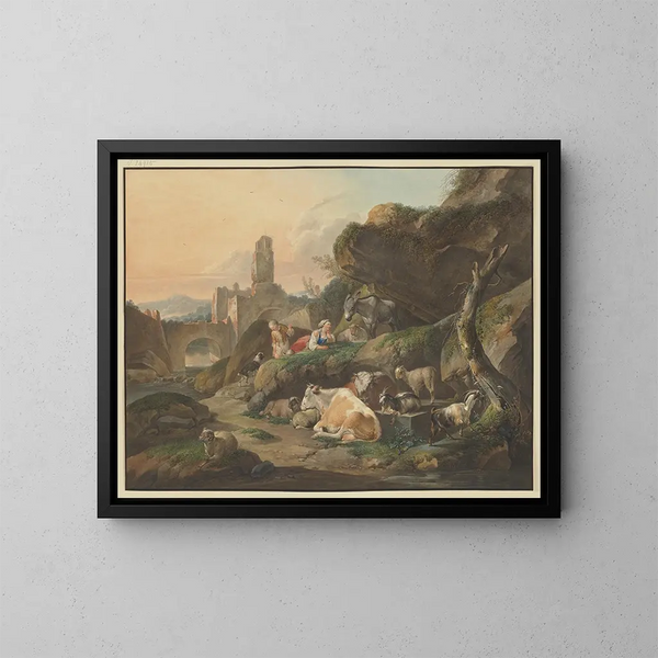 Hirten auf Felsen mit einer Schäferin vor einem Esel, Schafe und Ziegen im Hintergrund, Ruinen mit einer Brücke - Johann Friedrich Morgenstern — gerahmtes Bild an der Wand