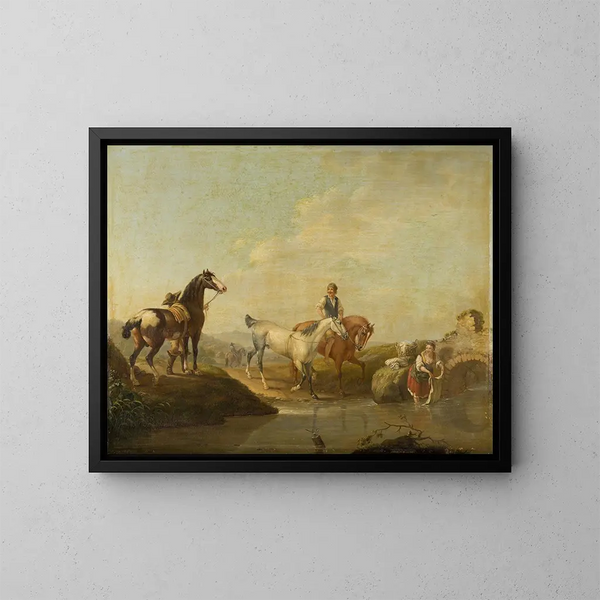 eines Gemäldes Ein Bräutigam, der zwei Pferde zum Wasser führt - Johann Georg Pforr — gerahmtes Bild an der Wand