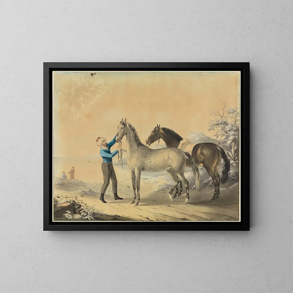 Cavalier mit zwei Pferden am Meer - Johann Georg Pforr — gerahmtes Bild an der Wand