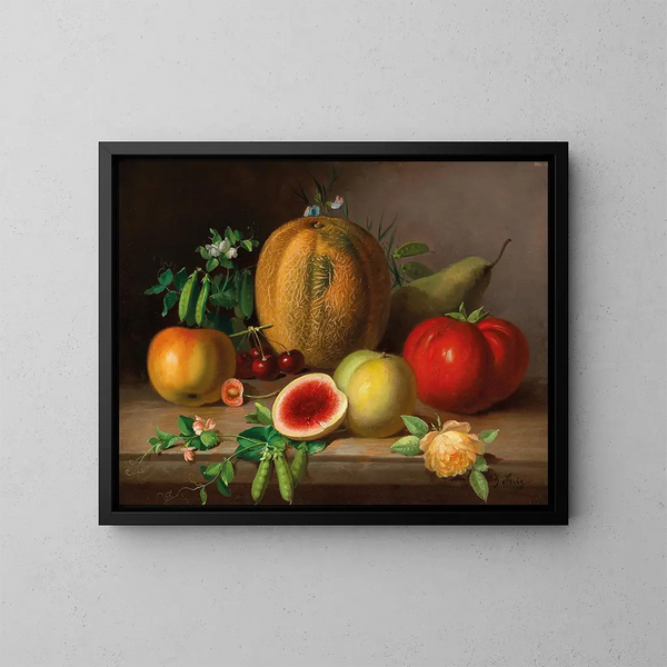 Küchenstillleben mit Melone, Tomate, Äpfeln, Birnen und blühenden Erbsenschoten - Johann Georg Seitz — gerahmtes Bild an der Wand