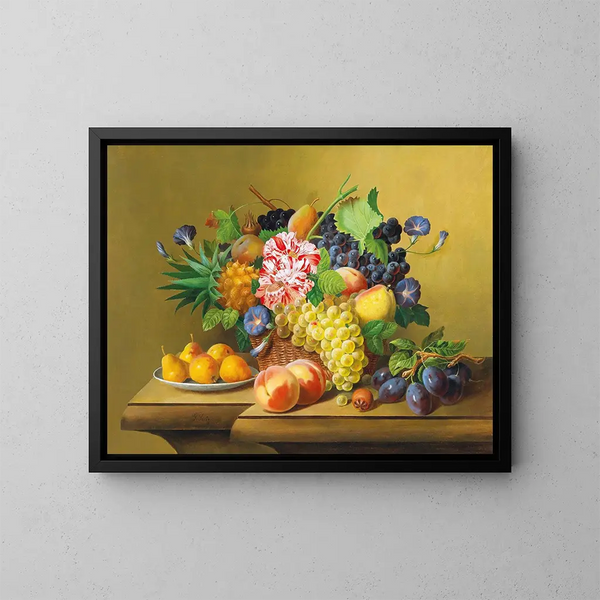 Stillleben mit einem Obstkorb und einem Birnenteller - Johann Georg Seitz — gerahmtes Bild an der Wand