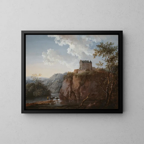 Château sur un rocher au-dessus d'une vallée inondée - Johann Georg Wagner — gerahmtes Bild an der Wand