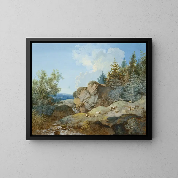 Landschaftsbild mit Wald im Gebirge, einer Herde und einem Wasserlauf - Johann Georg Wagner — gerahmtes Bild an der Wand