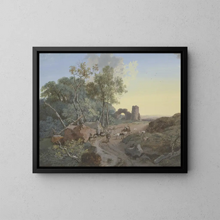 Johann Georg Wagner - Waldpartie und Ruine mit einem Bogen an einem Weg mit Hirten und Vieh.webp