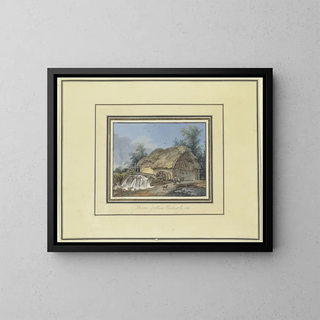Wassermühle mit einem Bauern, einem Esel und einem Hund - Johann Gottlieb Hackert — gerahmtes Bild an der Wand