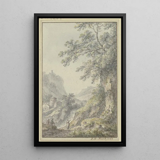 Johann Heinrich Mntz - Blick in eine Berglandschaft mit einer Burg im Vordergrund ein Hohlweg mit drei Figuren.webp