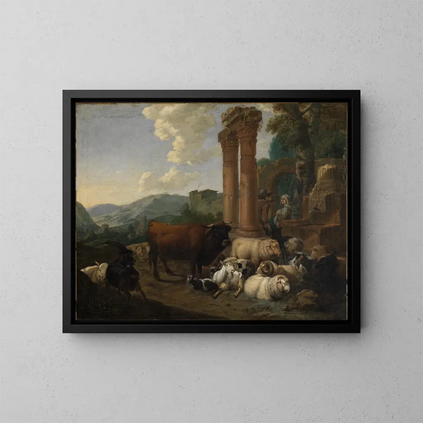 Szene von Hirten in einer Landschaft mit römischen Ruinen - Johann Heinrich Roos — gerahmtes Bild an der Wand