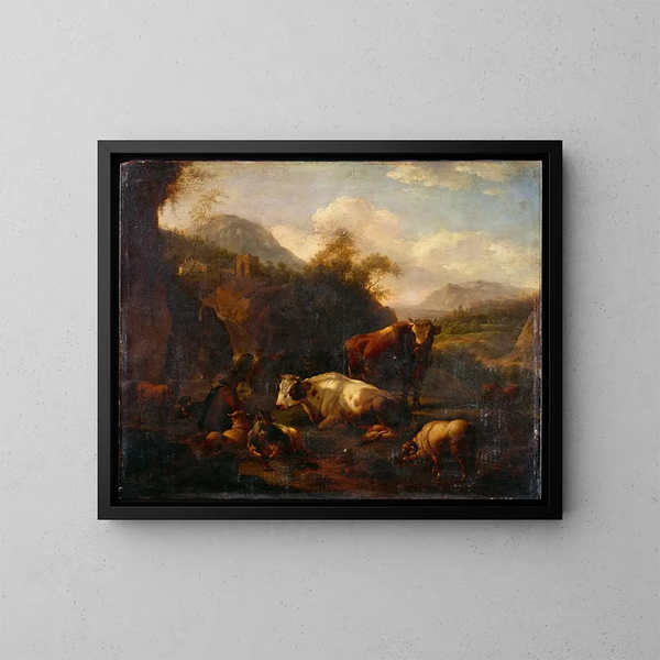 Landschaft mit Jägern - Johann Heinrich Roos — gerahmtes Bild an der Wand