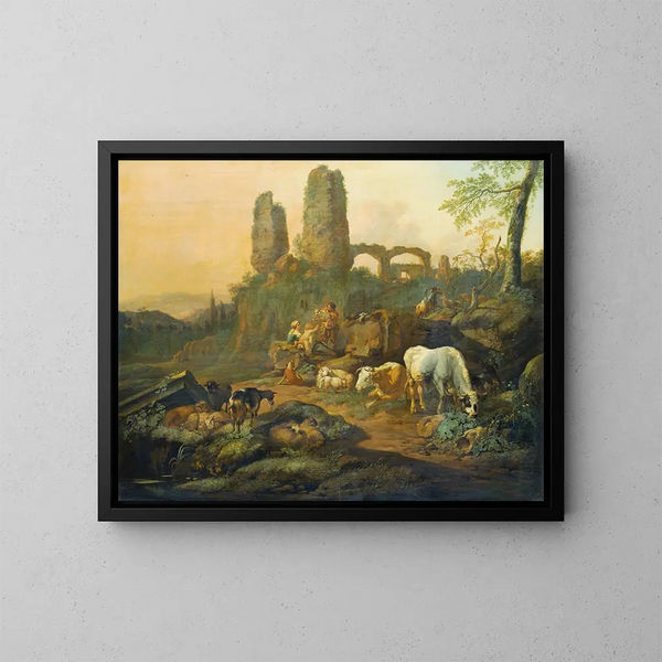 Das Familienbild der Hirten, die sich in der Nähe einer antiken Ruine ausruhen - Johann Heinrich Roos — gerahmtes Bild an der Wand