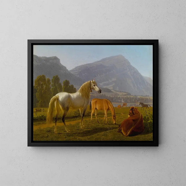 Alpenlandschaft mit Pferden - Johann Jakob Biedermann — gerahmtes Bild an der Wand