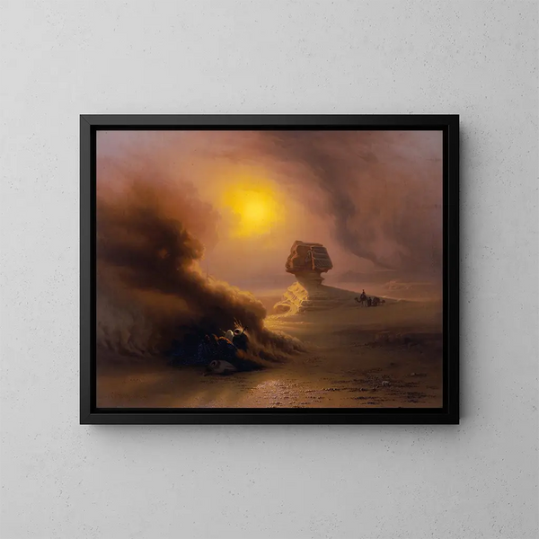 Eine Überraschungskarawane durch den Sandsturm vor der Sphinx - Johann Jakob Frey — gerahmtes Bild an der Wand
