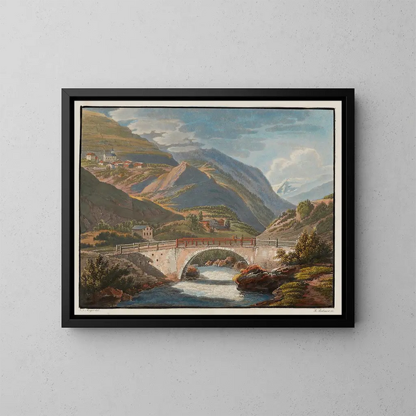 Dorf von Stilfs und die erste Brücke auf der Stilfs-Passstraße Stevio im Tirol - Johann Jakob Meyer — gerahmtes Bild an der Wand