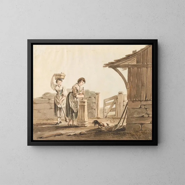 Fermières en train de baratter - Johann Karl Müllner — gerahmtes Bild an der Wand