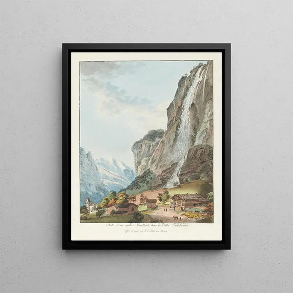 Fall des Wasserfalls namens Staubbach im Lauterbrunnental - Johann Ludwig Aberli — gerahmtes Bild an der Wand