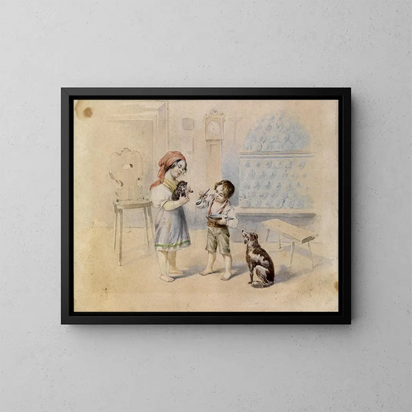 Bauernhof-Saal mit Kachelofen und Kindern - Johann Matthias Ranftl — gerahmtes Bild an der Wand