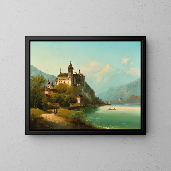 Ein Schloss am See in den Bergen - Johann Wilhelm Jankowsky — gerahmtes Bild an der Wand