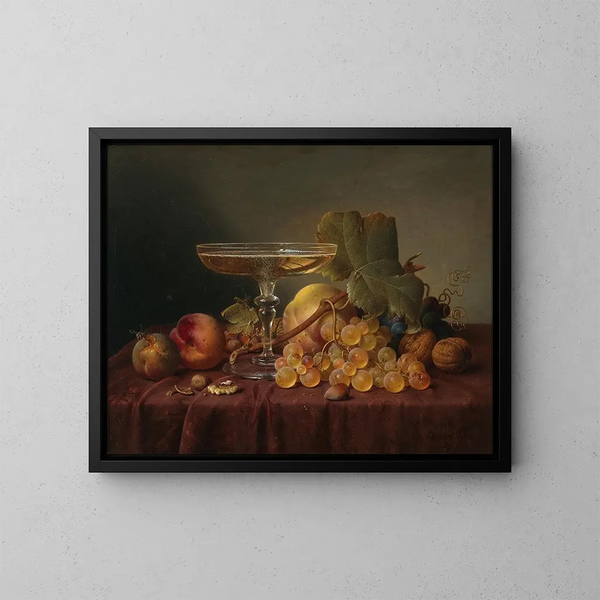 Stillleben mit einem Glas Champagner und Früchten auf einem Damaststoff - Johann Wilhelm Preyer — gerahmtes Bild an der Wand