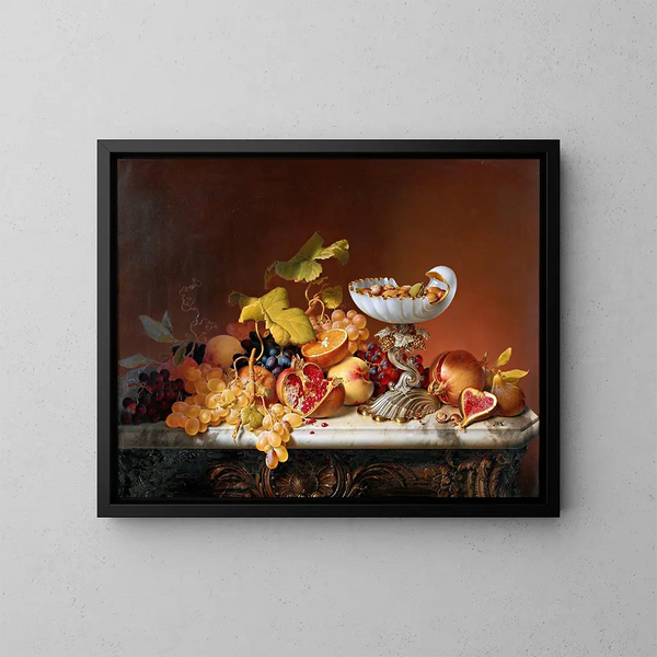 Tropische Früchte in einer Milchglasmuschel in Muschelform - Johann Wilhelm Preyer — gerahmtes Bild an der Wand