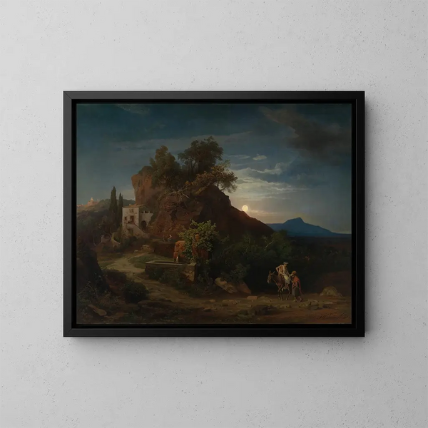 Die Nacht. L'arrivée des Samariters mit dem Verletzten in der Herberge - Johann Wilhelm Schirmer — gerahmtes Bild an der Wand
