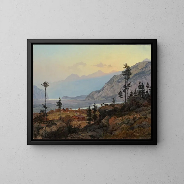 Schweizer Alpenlandschaft mit Fluss und See - Johann Wilhelm Schirmer — gerahmtes Bild an der Wand
