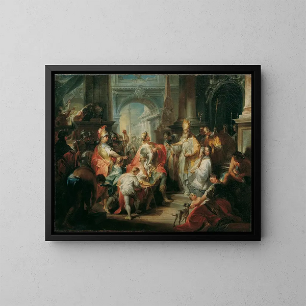 Saint Ambroise verweigert König Theodosius den Eintritt in die Kathedrale von Mailand - Johann Wolfgang Baumgartner — gerahmtes Bild an der Wand