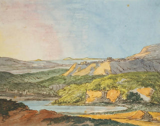 Johann Wolfgang Von Goethe - Sdliche Landschaft am Meer mit bewaldeten Hgeln und einem Gewsser im Vordergrund.webp