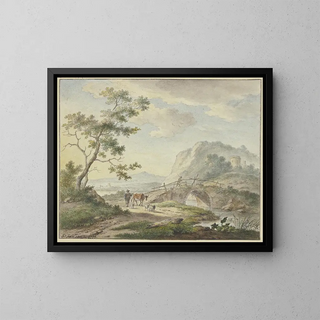 Johannes Christiaan Janson - ber eine steinerne Brcke geht ein Mann auf dem Weg ein Bauer mit einer Kuh und Schafen.webp