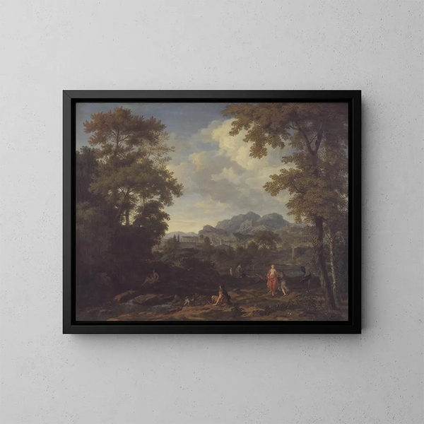 Klassische Landschaft mit Diana und ihren Nymphen - Johannes Glauber — gerahmtes Bild an der Wand